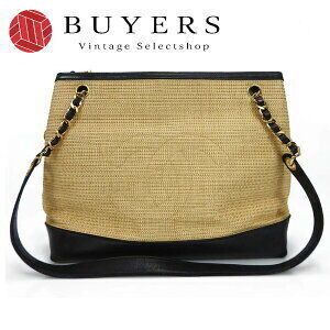 Chanel Chain Tote Bag Straw Coco Mark Lambskin Black